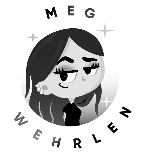 Meg Wehrlen icon showing a character design as self portrait. It has a noir vintage cartoon style. Vector black and white design work.