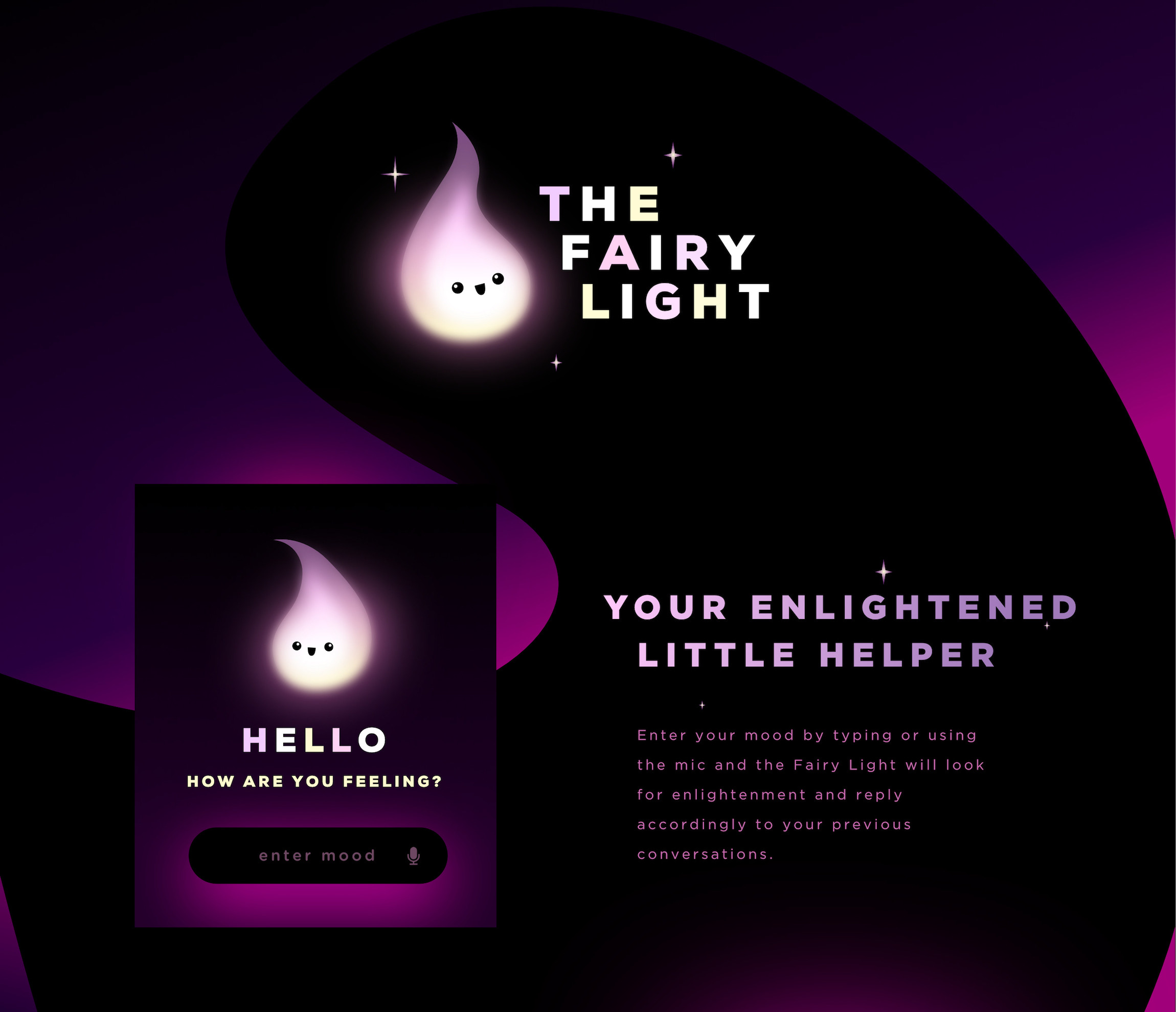 Fairy Light is a concept app by Meg Wehrlen using machine learning + AI to contribute to the user self development and mental health, Like a coach, in an app, with diary history | Meg Wehrlen