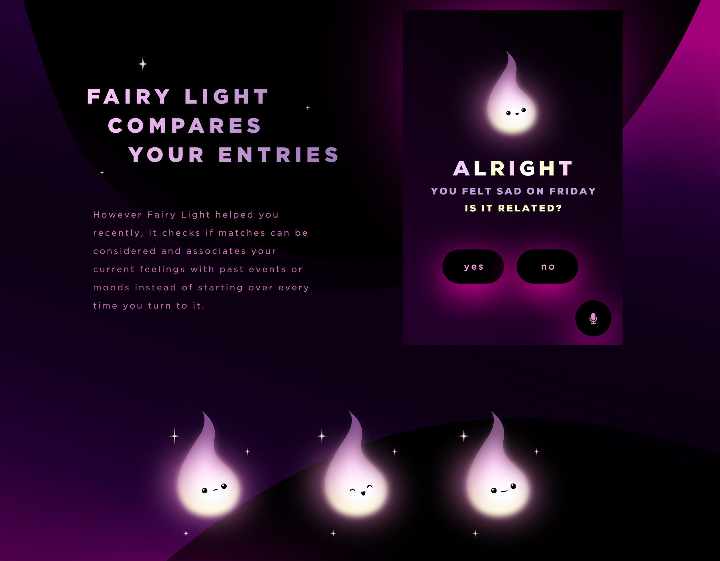 Fairy Light is a concept app by Meg Wehrlen using machine learning + AI to contribute to the user self development and mental health, Like a coach, in an app, with diary history | Meg Wehrlen