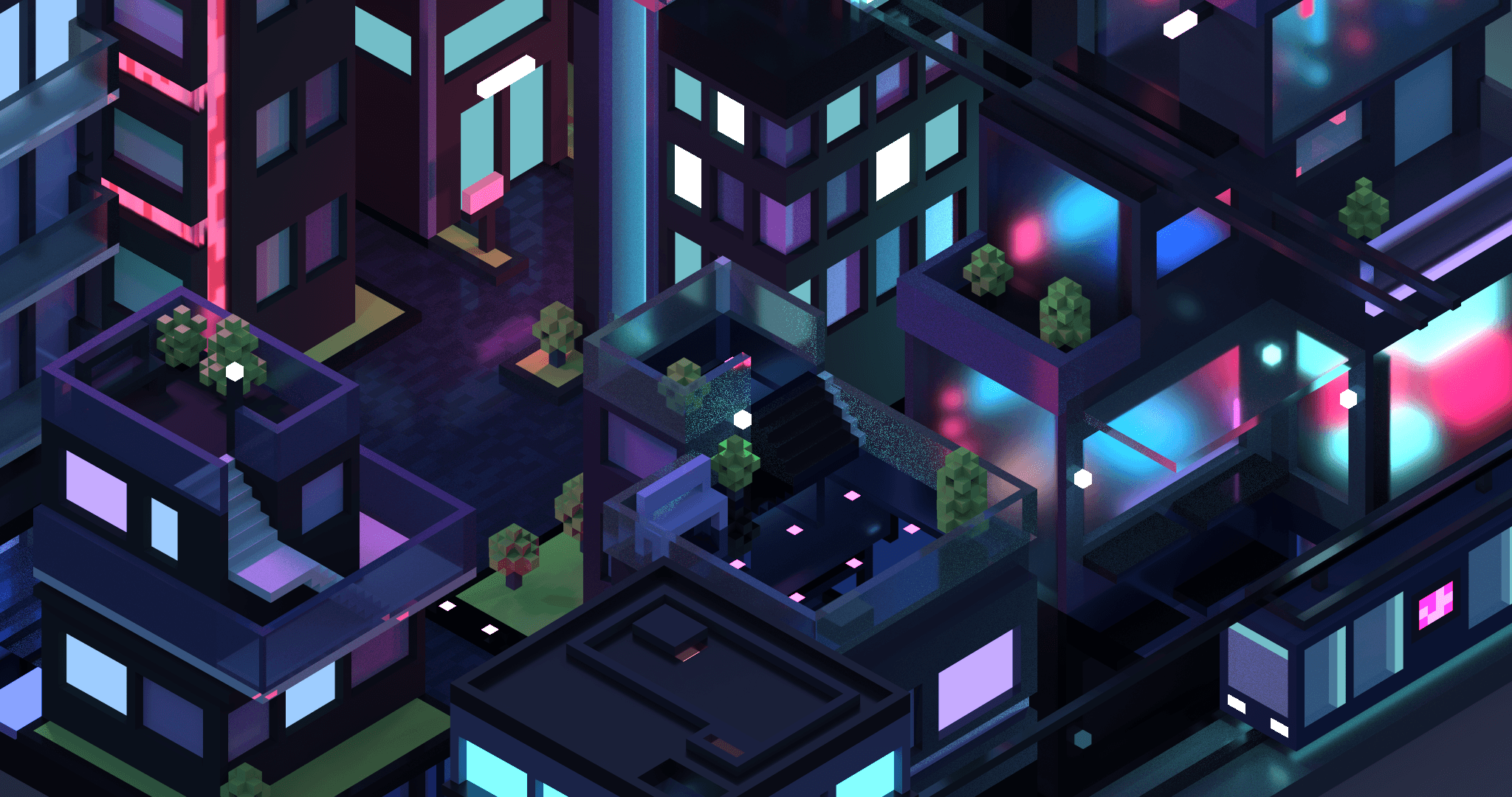 3D isometric city by night by Meg Wehrlen showing a square based city of high rise building with a synthwave/vapowave feel. Software is MagicaVoxel, 3d illustration. This shot includes a highrise vue, a glass elevator, glass sky train, a roof top, trees and building details.